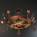 Unique Vintage Copper And Wooden Chandelier With Decorative Flame Shaped Elements