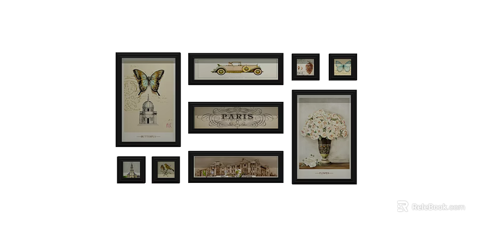 Assorted Framed Wall Art With Butterfly Vintage Car Paris And Flower Vase Prints 3d model 
