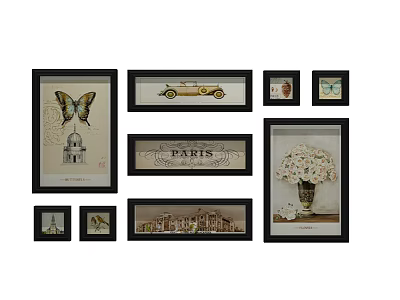 Assorted Framed Wall Art With Butterfly Vintage Car Paris And Flower Vase Prints 3d model