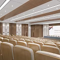 Modern Large Conference Room With Tiered Seating Wooden Walls Podium And Carpeted Floor