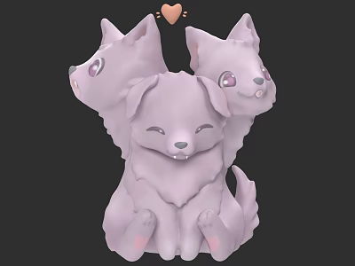 Cute Three Headed Purple Plush Toy with Heart Decoration and Smiling Faces 3d model