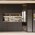 Elegant Modern Wine Cabinet Built in Kitchen With Dark Cabinets And Marble Countertop