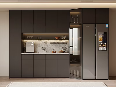 Elegant Modern Wine Cabinet Built in Kitchen With Dark Cabinets And Marble Countertop 3d model
