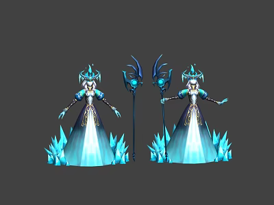 Elegant Game Movie Character With Ice Blue Outfit Crystal Decorations And Magic Staff 3d model