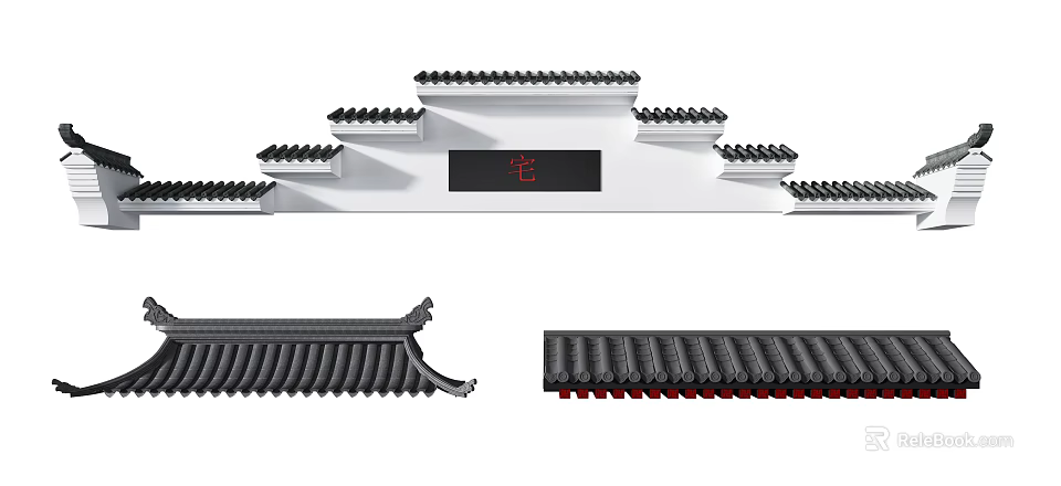 Traditional Chinese Architectural Components With Curved Eaves Tiles And Decorative Plaque Character Zhai 3d model 