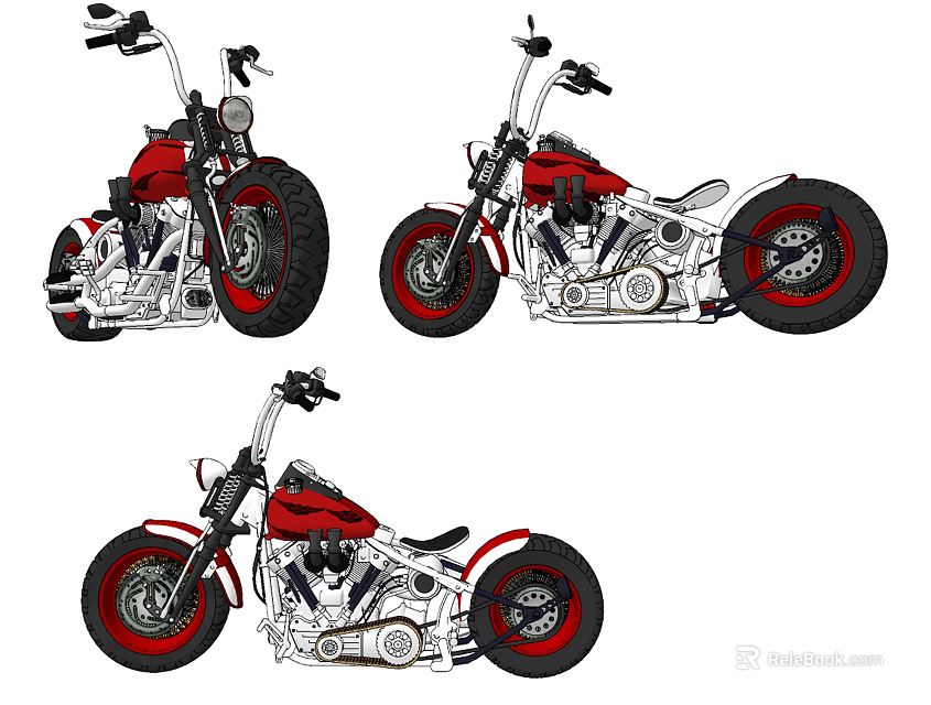 Red Black Custom Motorcycle With Classic Wheels Engine And Different Angles Views 3d model 