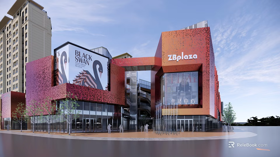 Modern Ziplaza Commercial Building With Red Orange Facade Glass Curtain Wall And Black Swan Billboard 3d model 