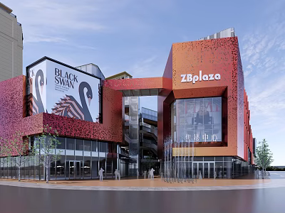 Modern Ziplaza Commercial Building With Red Orange Facade Glass Curtain Wall And Black Swan Billboard 3d model