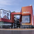 Modern Ziplaza Commercial Building With Red Orange Facade Glass Curtain Wall And Black Swan Billboard