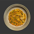 Tasty Yellow Noodles With Vegetables And Meat In Light Bowl On Dark Background