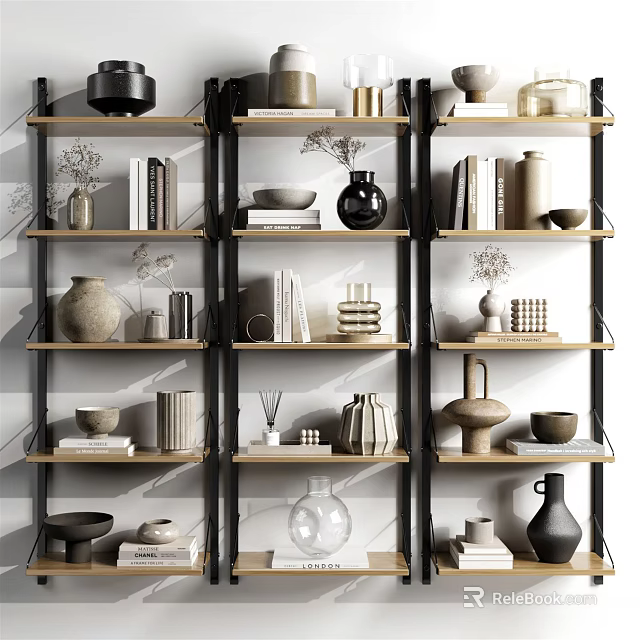 Modern Shelving Unit With Vases Books Bowls And Decorative Items On Wooden Metal Frame 3d model 
