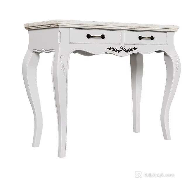 White Dressing Table With Two Drawers Black Handles And Carved Curved Legs 3d model 