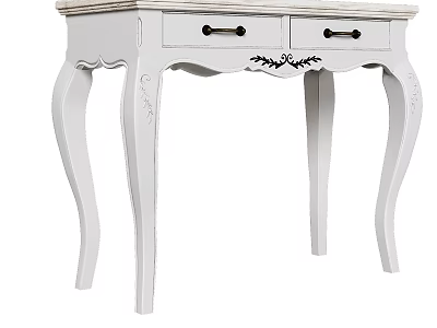 White Dressing Table With Two Drawers Black Handles And Carved Curved Legs 3d model