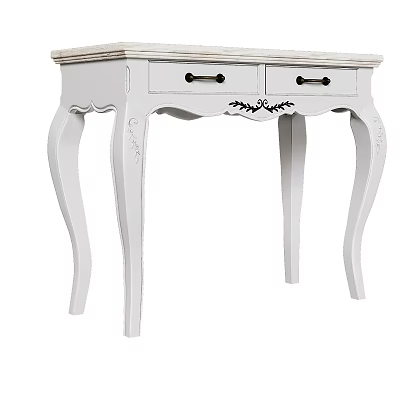 White Dressing Table With Two Drawers Black Handles And Carved Curved Legs 3d model