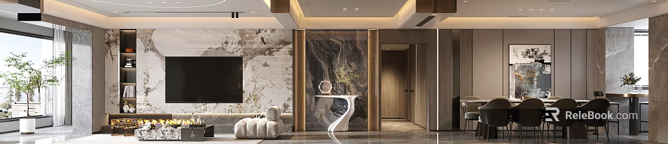 Elegant Modern Living and Dining Room Interior With Marble Wall Sofa and Dining Chairs 3d model 