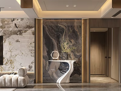Elegant Modern Living and Dining Room Interior With Marble Wall Sofa and Dining Chairs 3d model