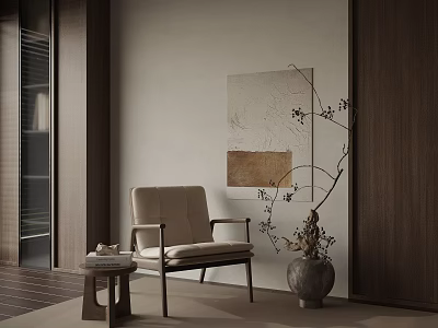Neutral Tone Accent Chair With Small Side Table Wall Art Branch Vase In Minimalist Interior 3d model