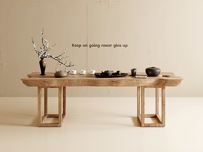 Natural Wooden Tea Table With Tea Sets Vase And Decorative Twigs On Minimalist Background 3d model