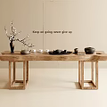 Natural Wooden Tea Table With Tea Sets Vase And Decorative Twigs On Minimalist Background