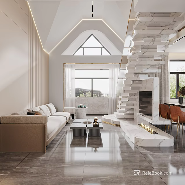 Modern Duplex Living Room Interior With Beige Sofa Geometric Wall And Natural Light 3d model 