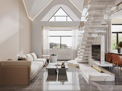 Modern Duplex Living Room Interior With Beige Sofa Geometric Wall And Natural Light 3d model