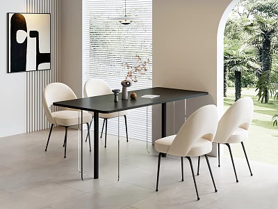 Minimalist Modern Dining Table Set with Black Table White Chairs Bright Room Natural Light 3d model