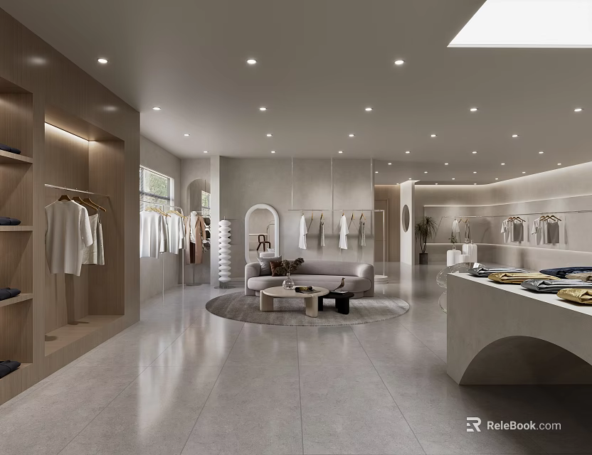 Modern Spacious Clothing Store Interior With Clothing Racks Sofa Display Counter And Skylight 3d model 
