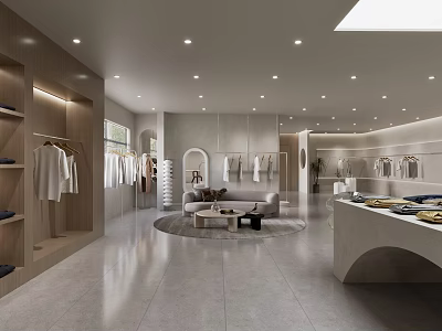 Modern Spacious Clothing Store Interior With Clothing Racks Sofa Display Counter And Skylight 3d model
