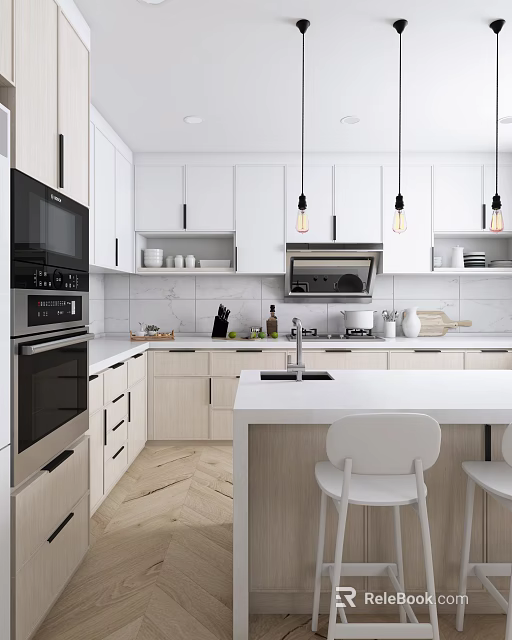 Modern Kitchen Interior With White Cabinets Black Appliances Island Counter And Pendant Lights 3d model 