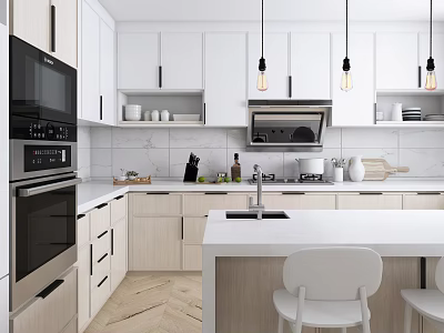 Modern Kitchen Interior With White Cabinets Black Appliances Island Counter And Pendant Lights 3d model