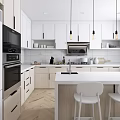 Modern Kitchen Interior With White Cabinets Black Appliances Island Counter And Pendant Lights