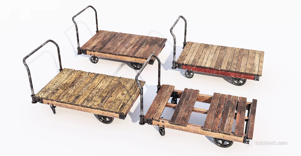 Industrial Wooden Carts With Metal Handles And Wheels For Material Handling 3d model 