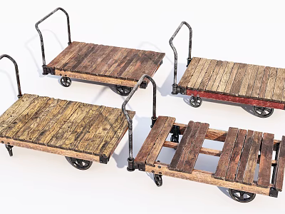 Industrial Wooden Carts With Metal Handles And Wheels For Material Handling 3d model