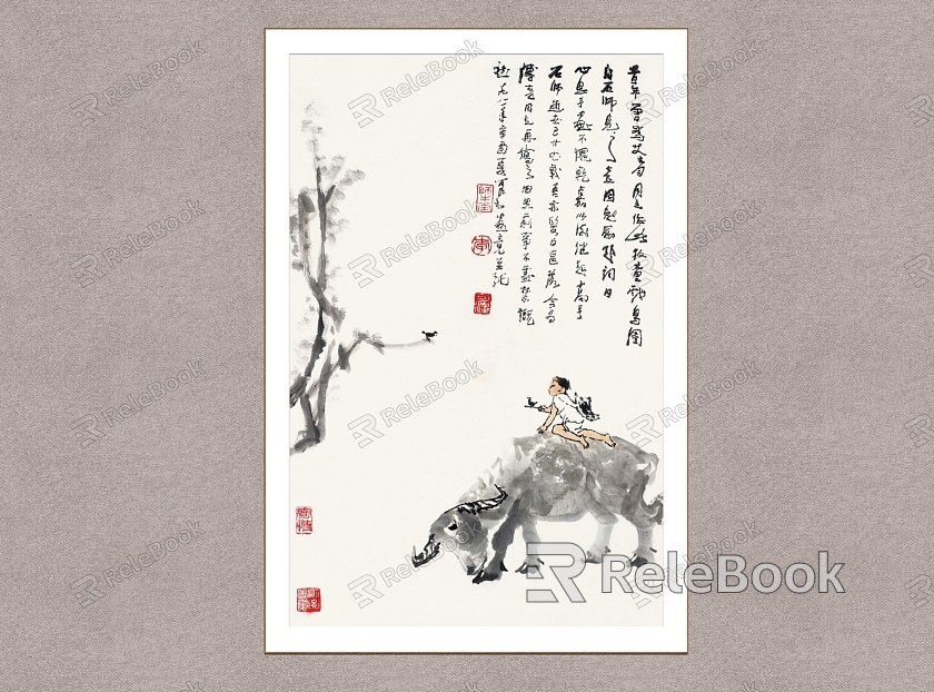 Chinese Decorative Painting Cattle Li Keran Shepherd Boy Figure model