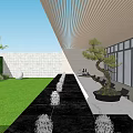 Modern Garden Landscape Design With Lush Hedge Stone Wall Lighting Trees And Water Reflection