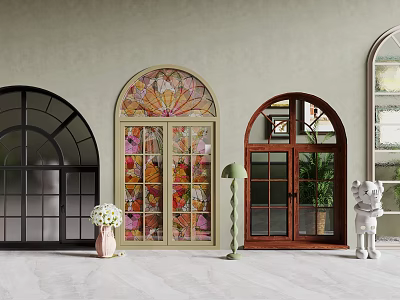 Various Designs Arched Floor to Ceiling Windows with Stained Glass and Decor in Light Interior 3d model