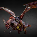 Mythical Red Dragon Flying with Large Membranous Wings Scales and Horned Head Against Dark Background
