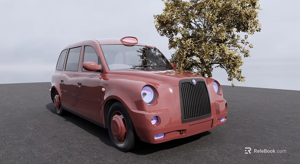 Red Vintage Taxi With Round Headlights Roof Sign And Tree Nearby 3d model 