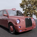 Red Vintage Taxi With Round Headlights Roof Sign And Tree Nearby