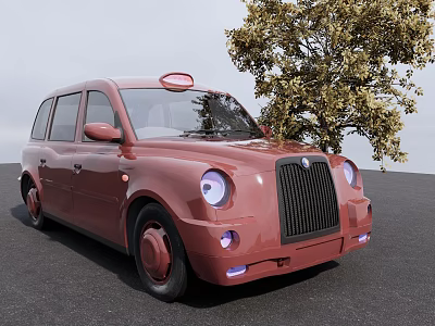 Red Vintage Taxi With Round Headlights Roof Sign And Tree Nearby 3d model