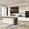 Modern Kitchen Interior With Marble Island Counter White Cabinets And Black Appliances