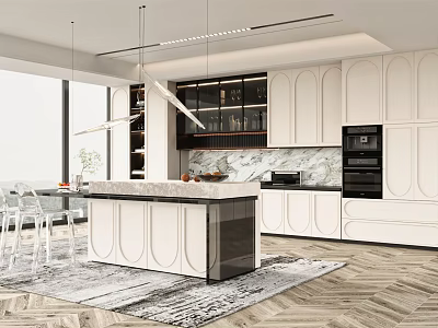 Modern Kitchen Interior With Marble Island Counter White Cabinets And Black Appliances 3d model