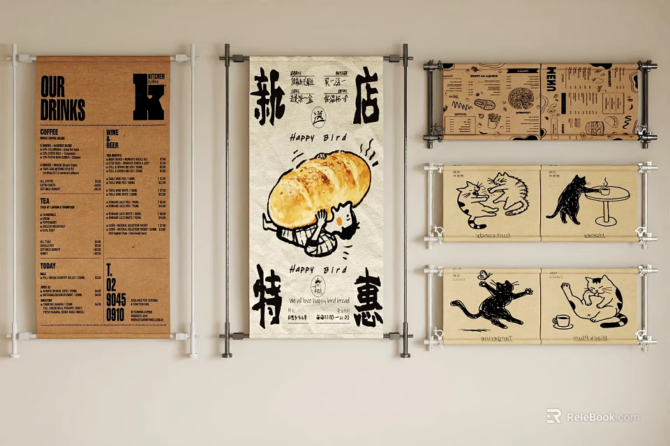 Vintage Bakery Cafe Wall Mounted Advertising Boards With Cute Hand Drawn Bread And Cat Illustrations 3d model 