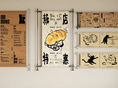 Vintage Bakery Cafe Wall Mounted Advertising Boards With Cute Hand Drawn Bread And Cat Illustrations 3d model
