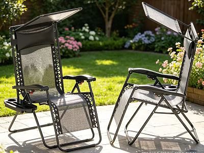 Black Outdoor Reclining Chairs With Mesh Material And Adjustable Sunshade In Garden 3d model