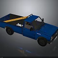 Blue Vintage Pickup Truck With Open Bed And Yellow Wooden Plank