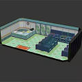 Cartoon Style Living Room Interior With Blue Sofas Green Geometric Floor And Clock