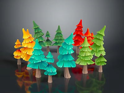 Colorful Paper Art Trees With Various Green Red Yellow Blue Tones On Dark Background 3d model