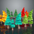 Colorful Paper Art Trees With Various Green Red Yellow Blue Tones On Dark Background