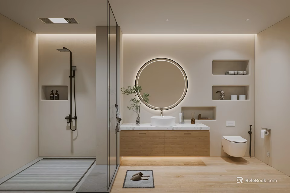 Modern Bathroom Featuring Glass Shower Backlit Round Mirror Wooden Vanity And Wall Mounted Toilet 3d model 